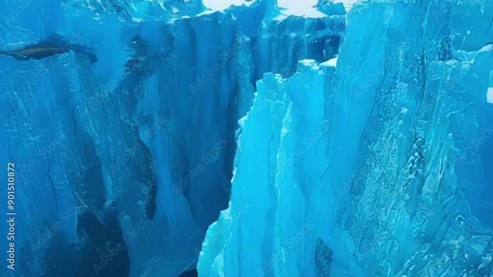 Poster as the helicopter follows the curves and twists of the glacier edges the deep crevasses and towering