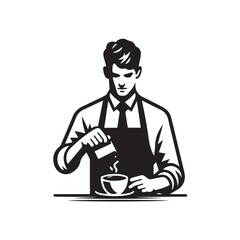 black-and-white vector illustration of a barista wearing an apron, preparing
a coffee drink