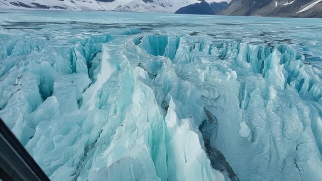 As the helicopter glides along the edge the camera takes in every detail of the twisted and cracked edges showcasing the constant movement and evolution of the glacier.