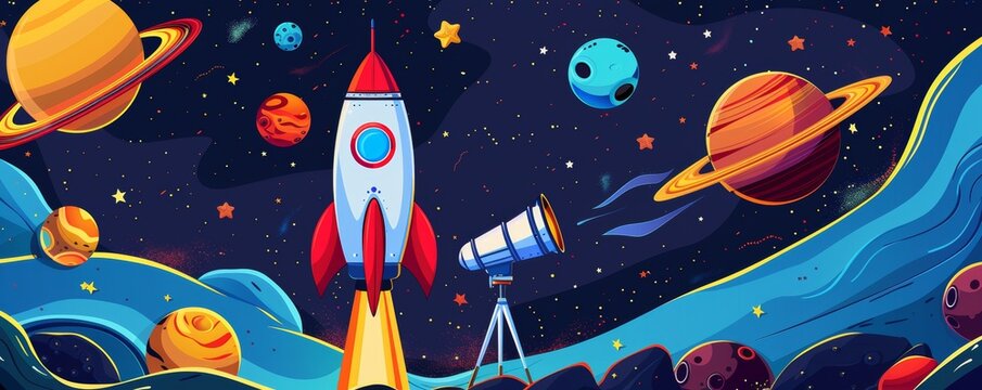 A modern set of cosmic icons featuring alien planets and meteor stones, spaceship rockets and aliens, spatial satellites and telescopes that glow in the dark, set against a starry night sky