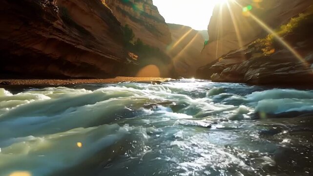 A series of rapids rushing through a narrow canyon the sunlight bouncing off the splashing water and creating a mesmerizing display.