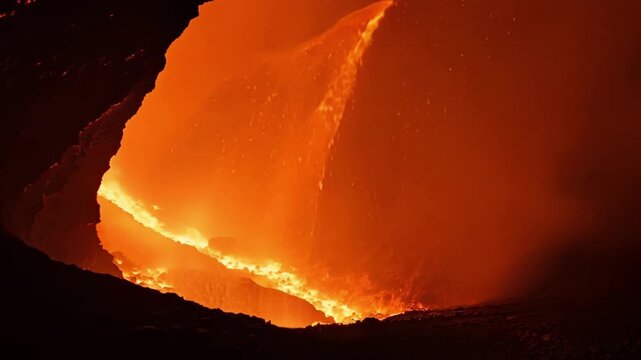 With a loud rumble a surge of lava bursts through a narrow opening in the lava tube sending showers of lava cascading down the walls.