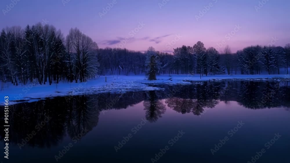 Poster shadows cast by the frozen trees and rocks onto the smooth surface of a twilight lake creating an ot