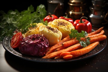 Plate of vegetables with carrots, cabbage, beet and pepper., generative IA