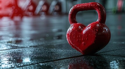 a heart shaped kettlebell on gym background for Valentine's Day, birthday, anniversary, wedding, Healthy fitness flat lay composition, gym workout concept, copy space