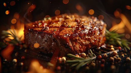 Grilled meat steak on stainless grill. Delicious beef steak on the grill, 