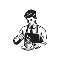 black-and-white vector illustration of a barista wearing an apron, preparing
a coffee drink