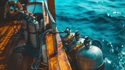 A scuba diving tank and gear on a boat deck ready for an underwater adventure