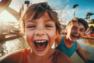 boy in a theme park happy and surprised expression