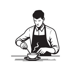 black-and-white vector illustration of a barista wearing an apron, preparing
a coffee drink