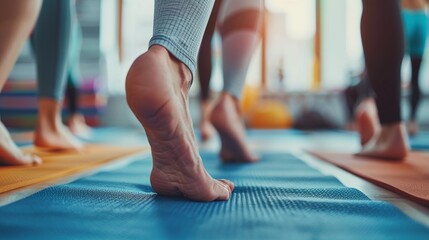 Close-up of legs and feet on yoga mats in a yoga class, portraying a healthy lifestyle concept on a blurred background. Generative AI