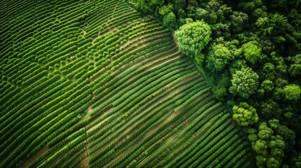 Fototapeta premium Aerial view of lush green tea plantation beside a dense forest. The patterns created by rows of tea plants highlight the natural beauty of agriculture.