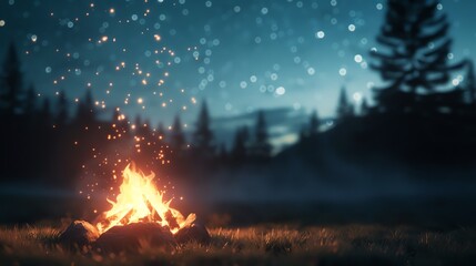 A mesmerizing campfire under a starry night sky, set in a serene forest, perfect for outdoor adventures and nature enthusiasts.