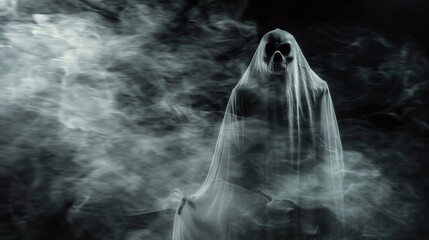 Creepy ghost in smoke on black background. Horror Halloween concept.
