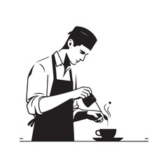 black-and-white vector illustration of a barista wearing an apron, preparing
a coffee drink
