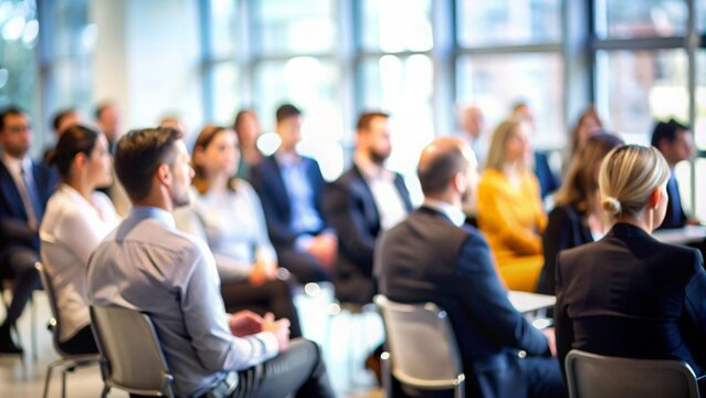 Business Seminar Attendees - Professionals seated in a seminar, blurred background showcasing the event setting.
