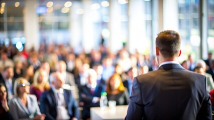 Blurred Business Event Crowd - An audience at a business event, with a focus on the speaker, and the crowd blurred.
