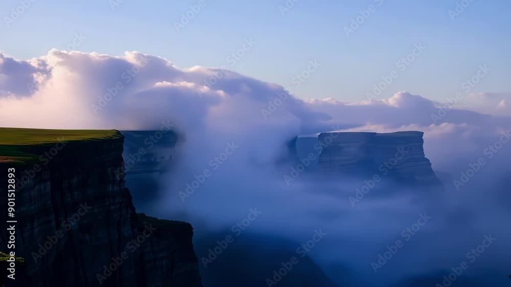 Poster Wispy clouds drift over the imposing cliffs giving them an ethereal glow in the dimming light.