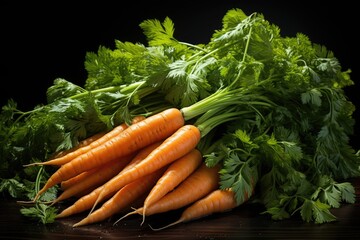 A lot of fresh organic carrot on a black background. high quality photo, generative IA