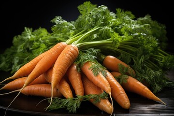 A lot of fresh organic carrot on a black background. high quality photo, generative IA
