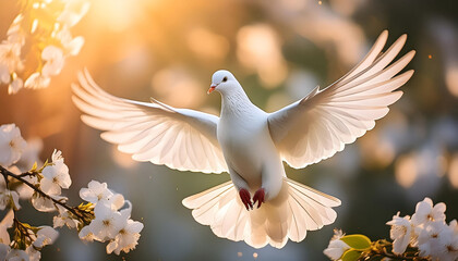 White Bird Flying Over Tree With White Flowers