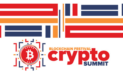 Crypto Summit. Blockchain Festival. Digital money and smart online technology. Finance, banking and business illustration. Cryptocurrency mining. Bitcoin logo. Flat design. Vector poster