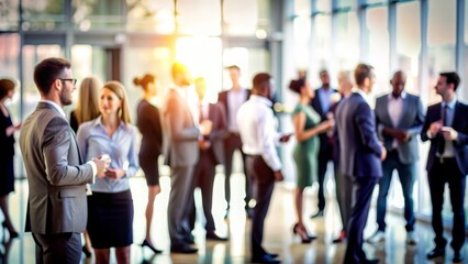 Networking Event Background Blur - People mingling at a business networking event with a blurred background.

