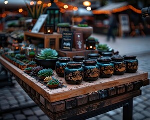 Handmade crafts displayed at an artisan market, showcasing creativity, Realism, Soft hues, Photography