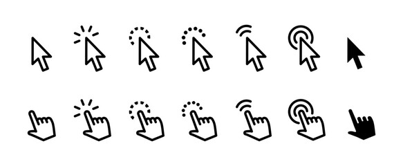 Cursor icon set. Mouse pointer symbol collection. Finger cursor vector illustration. Arrow click sign. Web interface pointer collection.