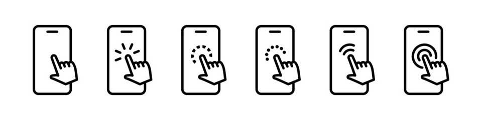 Hand touch screen smartphone icon set. Finger pointer with phone display vector illustration. Finger cursor pressing the screen device collection. Smartphone click symbol.