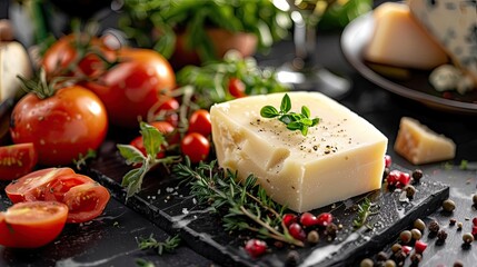 Delicious piece of cheese on a slate board with fresh tomatoes, herbs, and spices, perfect for culinary and food photography.