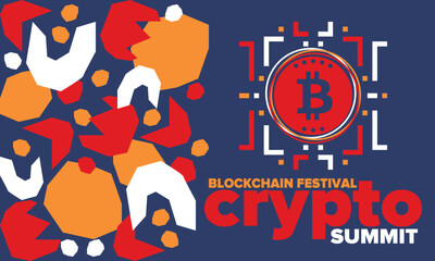 Crypto Summit. Blockchain Festival. Digital money and smart online technology. Finance, banking and business illustration. Cryptocurrency mining. Bitcoin logo. Flat design. Vector poster