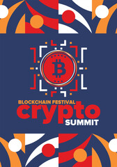 Obraz premium Crypto Summit. Blockchain Festival. Digital money and smart online technology. Finance, banking and business illustration. Cryptocurrency mining. Bitcoin logo. Flat design. Vector poster
