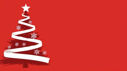 Merry Christmas Beautiful Banner with silver ribbon Christmas tree on red background. Christmas card, Christmas background. 