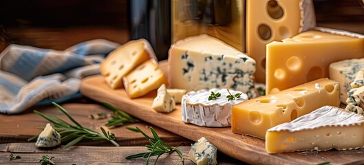Assorted cheeses on a wooden board with wine and herbs, showcasing a delectable variety and perfect for gourmet culinary presentations.