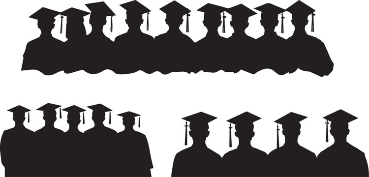 Set of black silhouette vector of graduators, group of graduates people