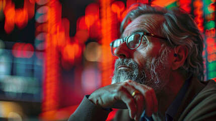 Obraz premium A trader looks stressed while analyzing fluctuating stock market charts on multiple computer screens in a busy trading office
