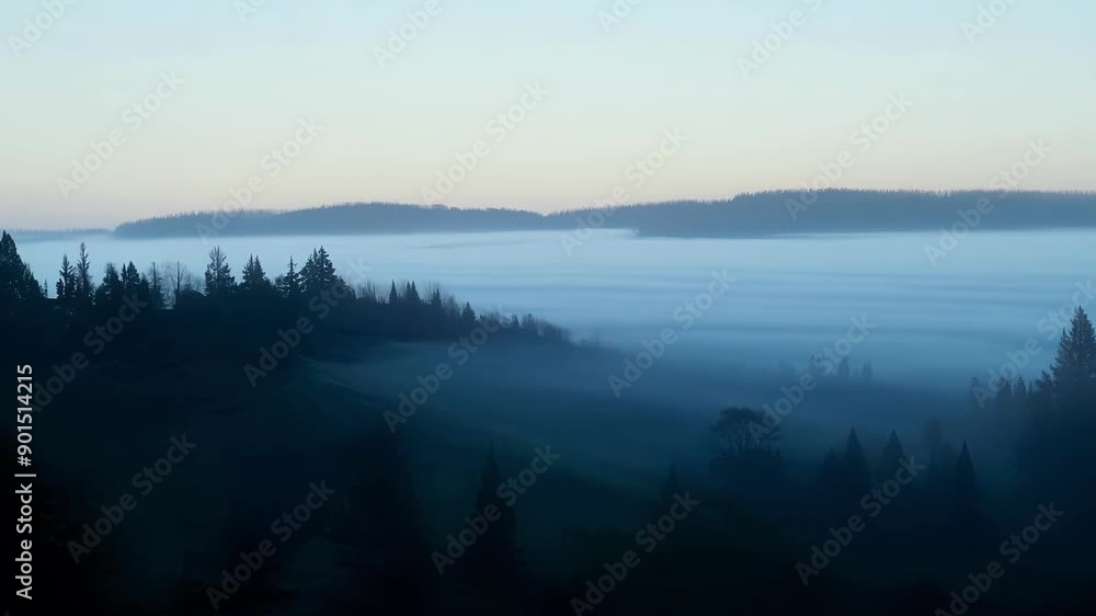 Poster as the first light of day breaks through the mist the surrounding trees and hills begin to emerge cr
