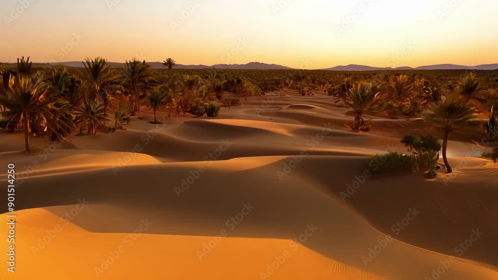 Poster mesmerizing patterns form in the sand as the sun sets over a serene oasis nestled in the desert.