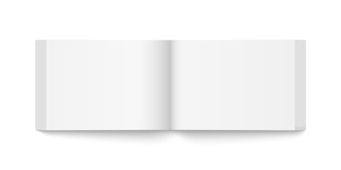 Vector mockup of paperback horizontal book spread with white cover isolated. Realistic book, brochure or booklet template opened on white background. 3d illustration.