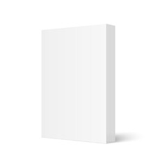 Vector mockup of standing paperback book with white blank softcover isolated. Vertical book, catalog or magazine mock up on white background. 3d illustration. Diminishing perspective.