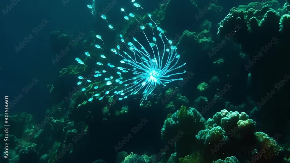 Poster schools of tiny shrimp swarm around the coral their bioluminescent bodies creating a mesmerizing eff