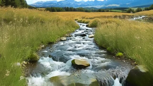 Amidst a peaceful meadow a babbling mountain stream creates intricate patterns as it weaves through the tall grasses and wildflowers.