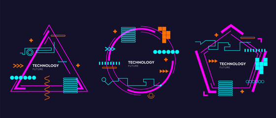 Virtual 3d element with circles, hexagons, triangles, lines, squares, rectangles. Modern logo in cyberpunk style. Futuristic IT badges for banner. Technology hi-tech design in the Vector illustration.