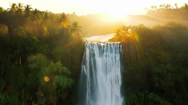 The serene beauty of a tropical waterfall captured as the sun rises in the background and birds sing in the distance.