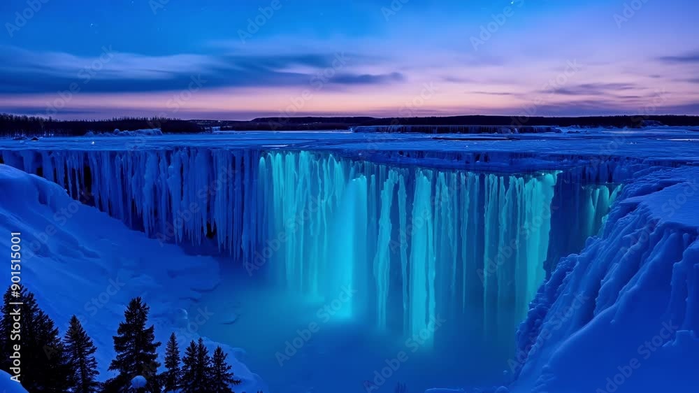 Poster a mesmerizing timelapse of a frozen waterfall as the colors of dusk fade into the night creating a m