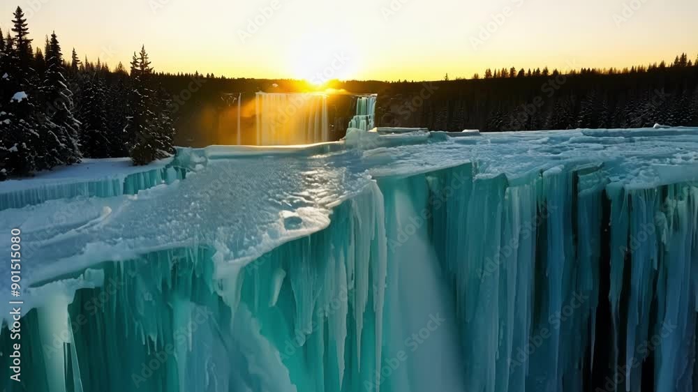 Poster The contrast between the rigid frozen waterfall and the soft golden light of dusk showcasing the delicate balance of nature.