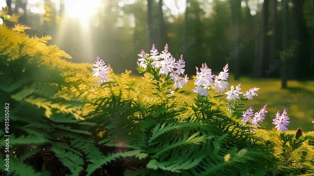 Poster delicate wildflowers and ferns adorn the edges of the clearing adding pops of color to the tranquil 
