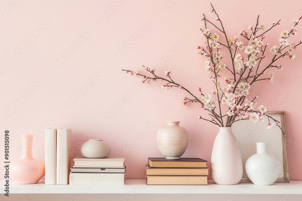 Poster a shelf unit showcases decorative items like books, vases, and photo frames, creating a stylish atmo