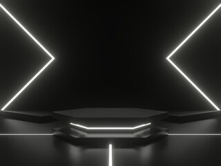 Black podium with whte neon lights
